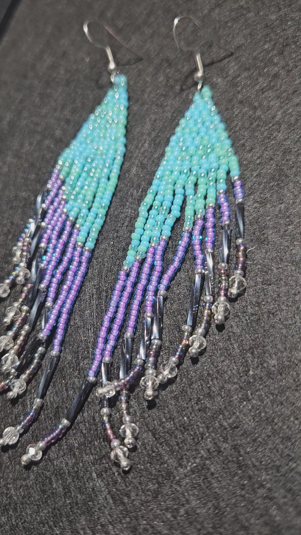 Blue and purple winged fringe earrings
