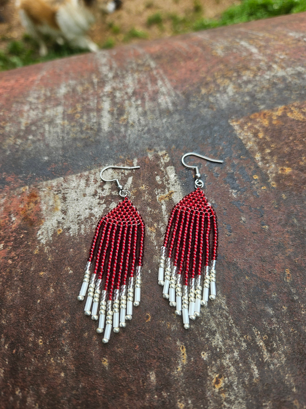 Red fringe earrings
