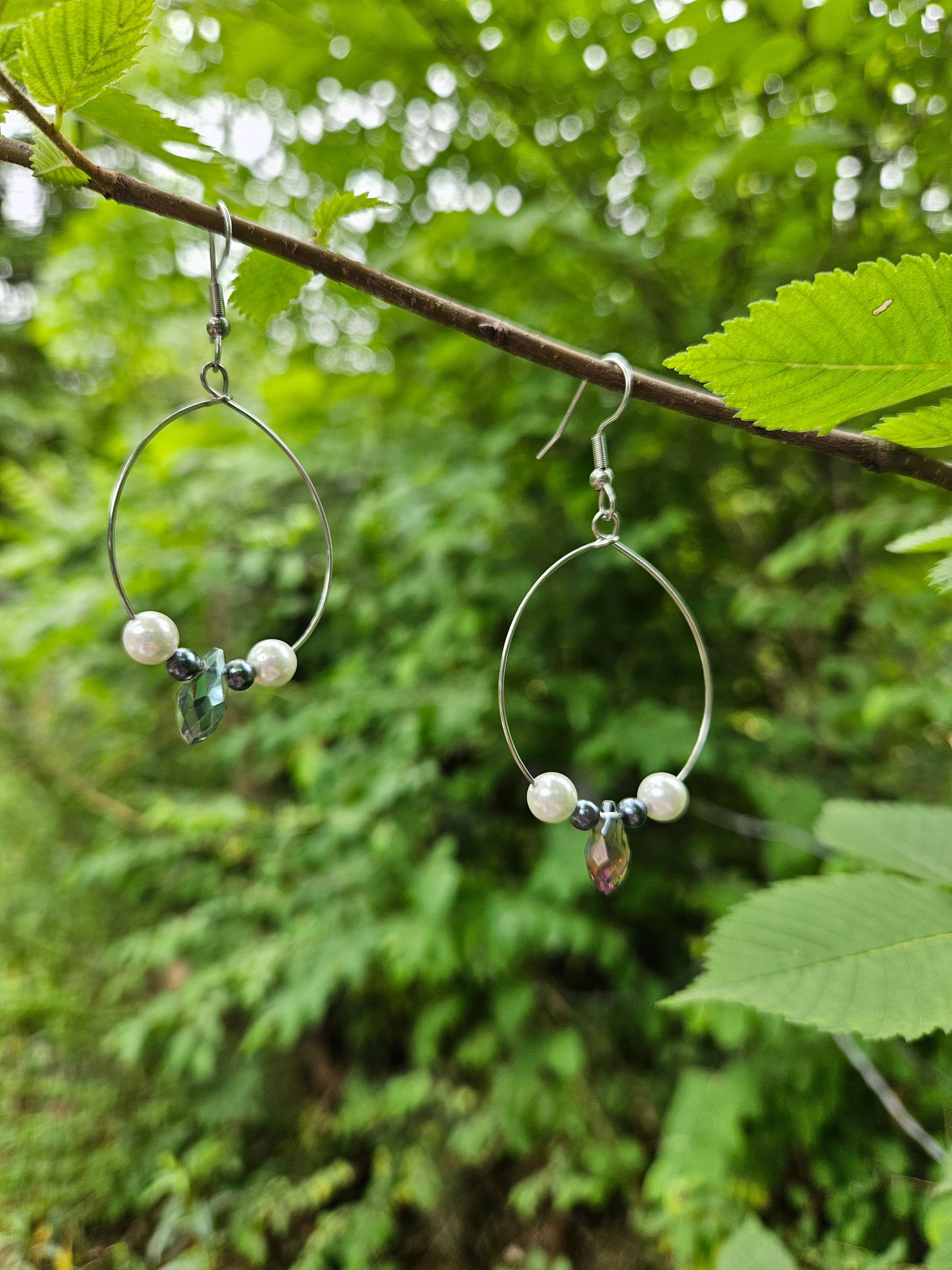 Freshwater pearl and crystal drop hoop earrings