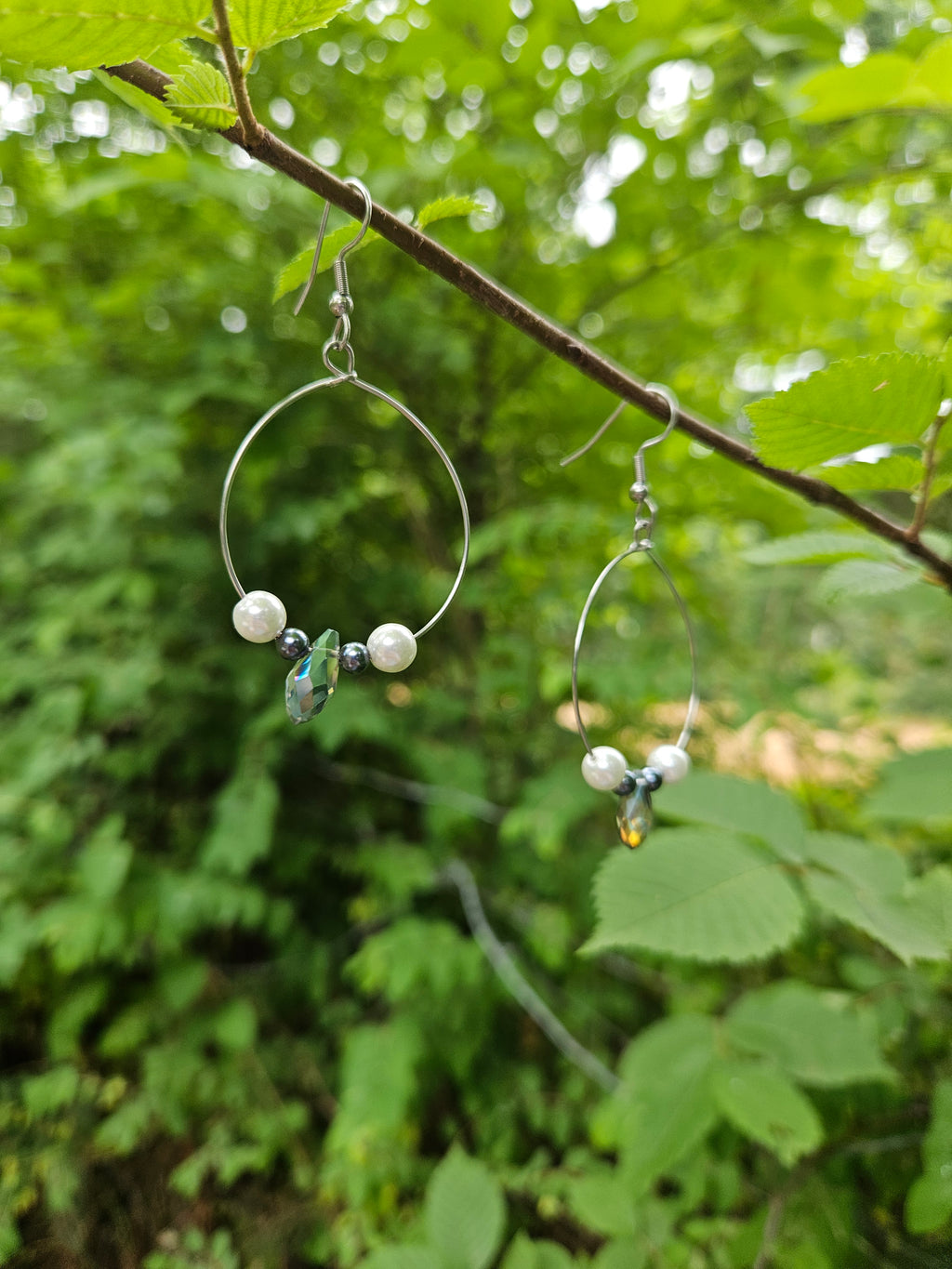 Freshwater pearl and crystal drop hoop earrings