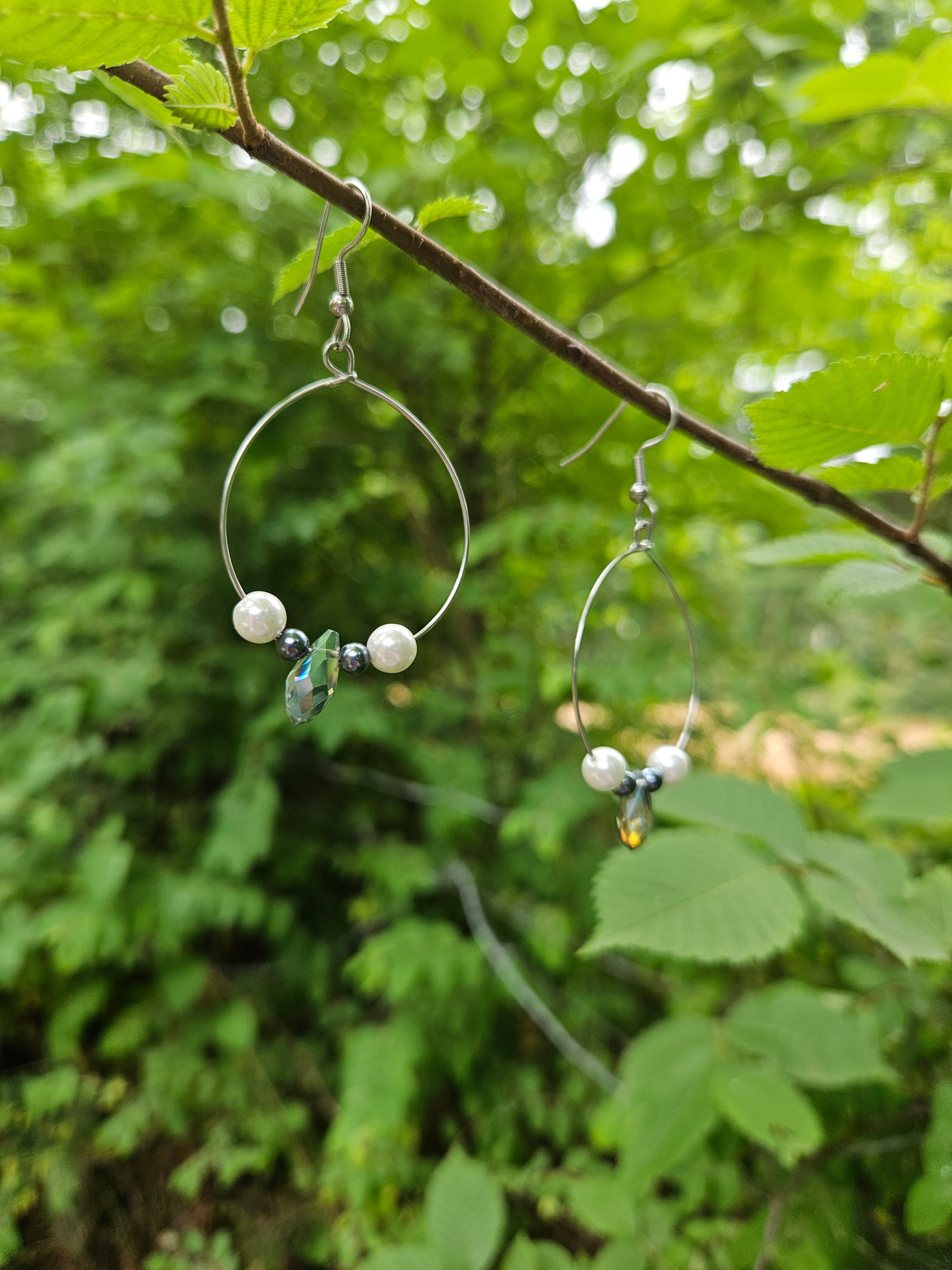 Freshwater pearl and crystal drop hoop earrings