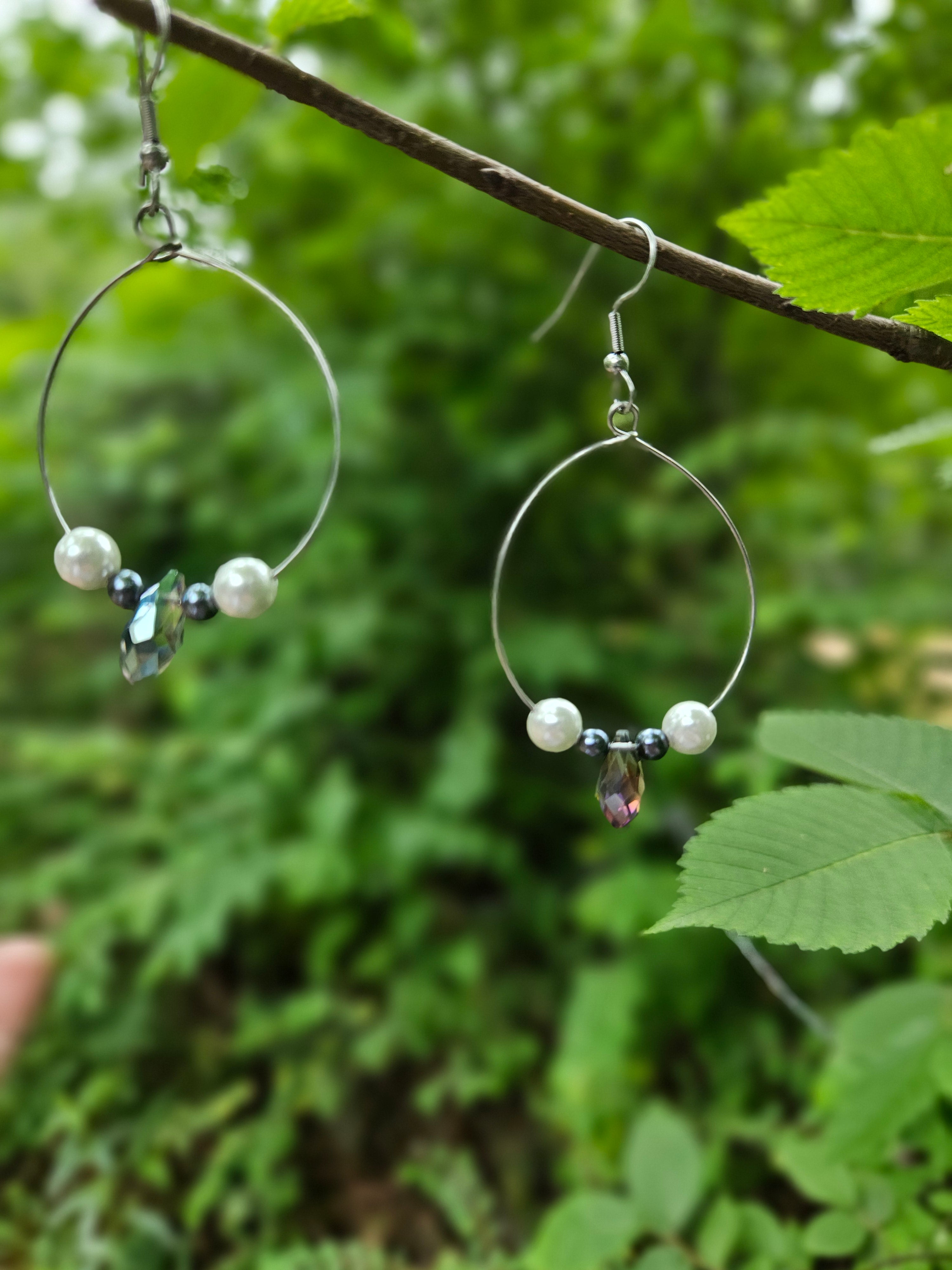 Freshwater pearl and crystal drop hoop earrings