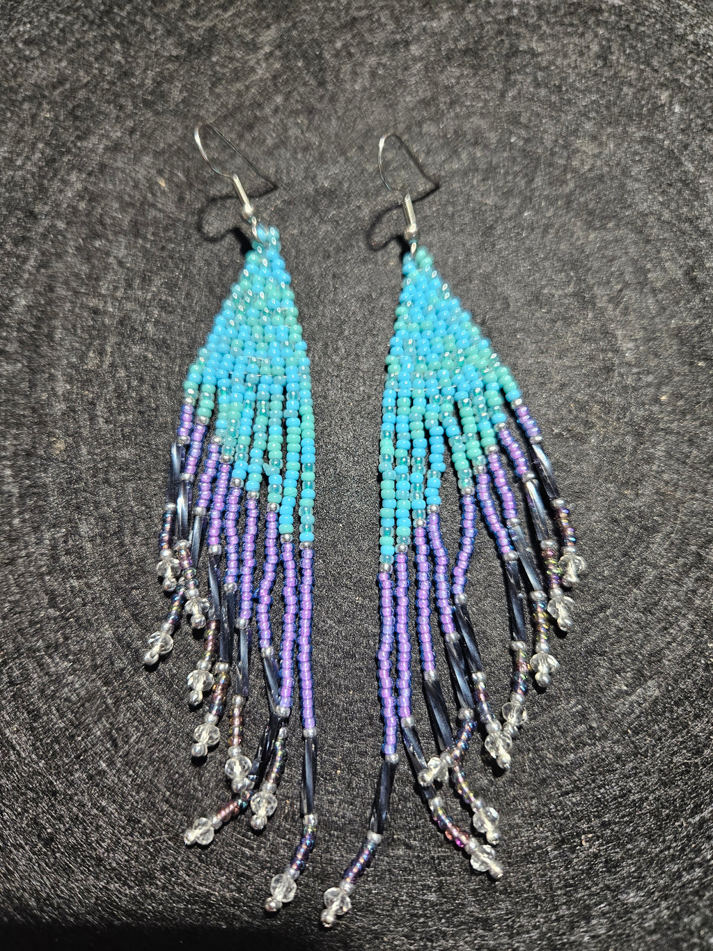 Blue and purple winged fringe earrings