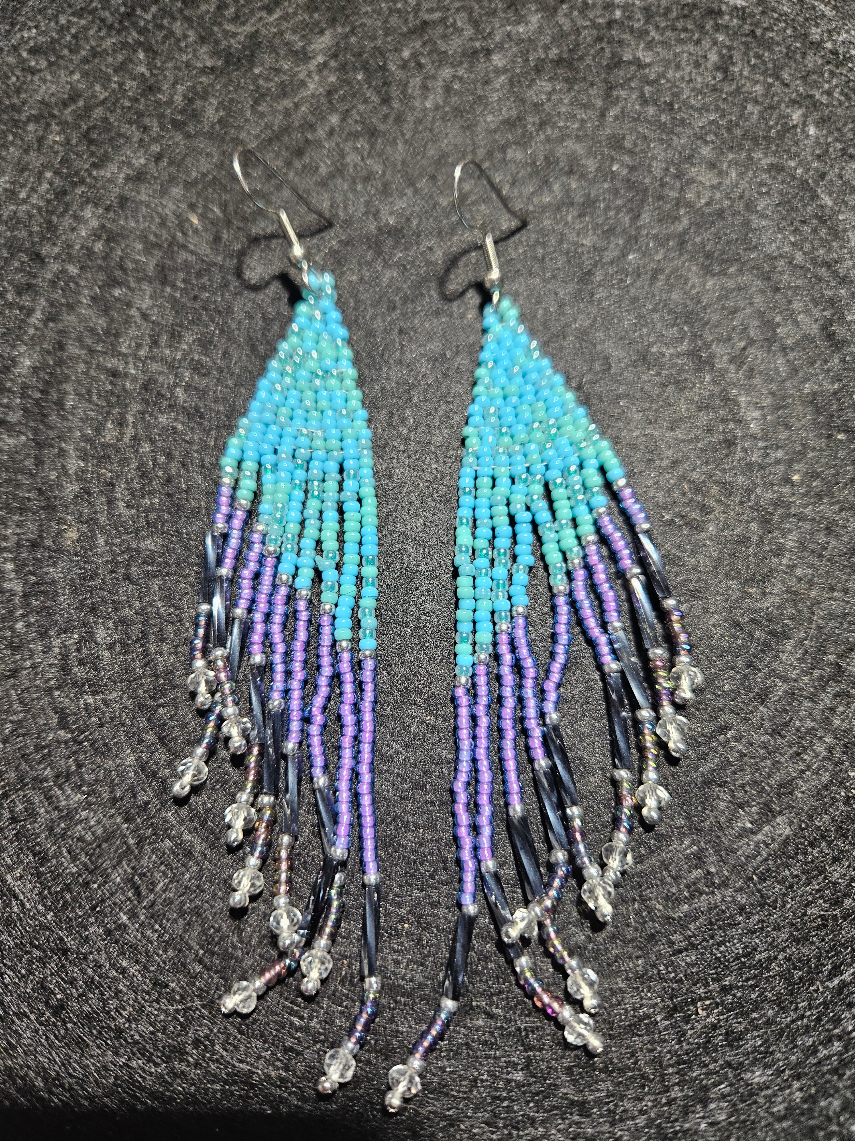 Blue and purple winged fringe earrings
