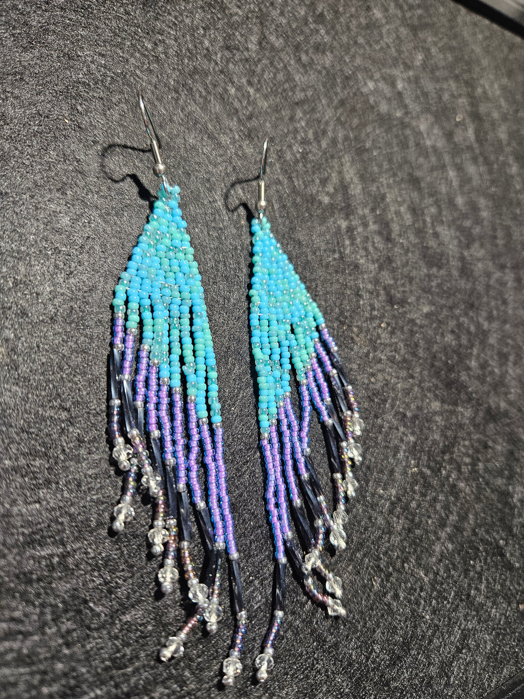 Blue and purple winged fringe earrings
