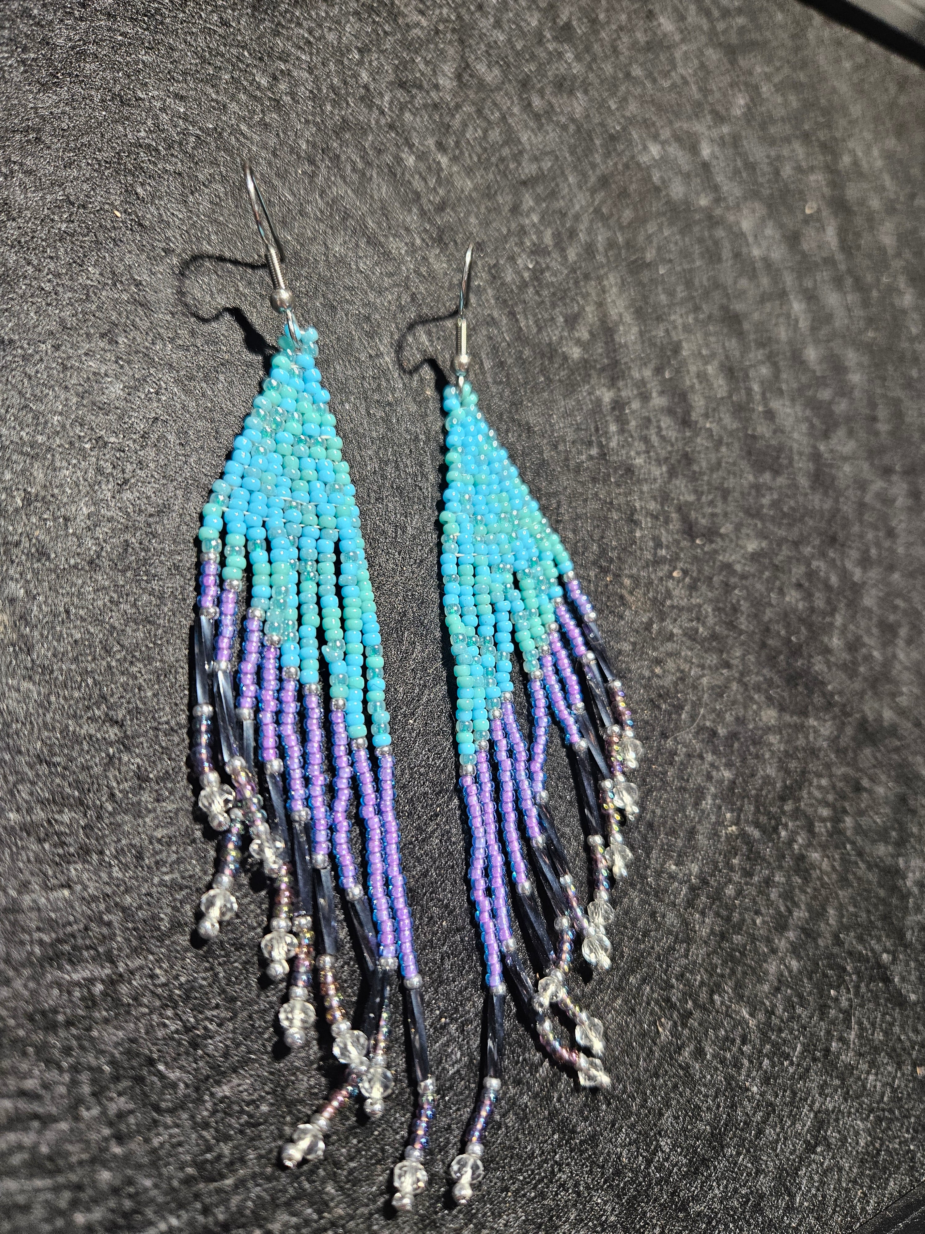 Blue and purple winged fringe earrings