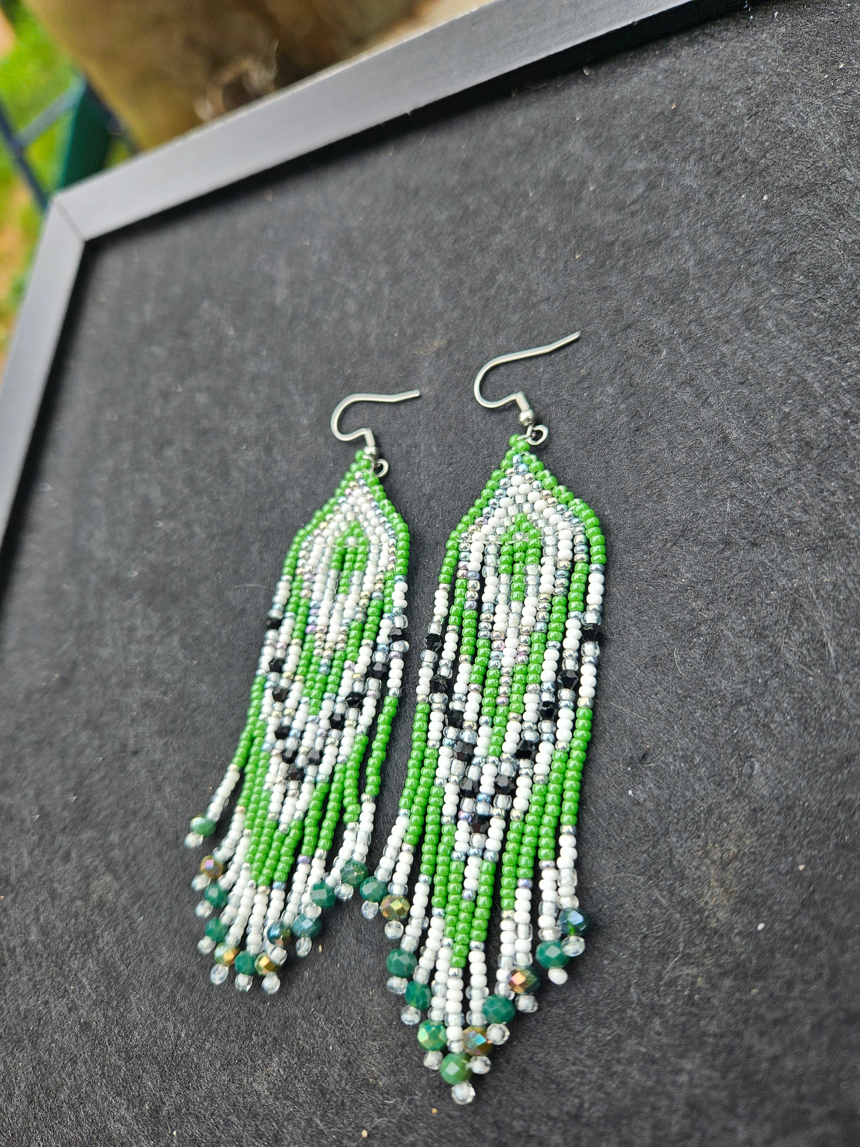 Green fringe earrings
