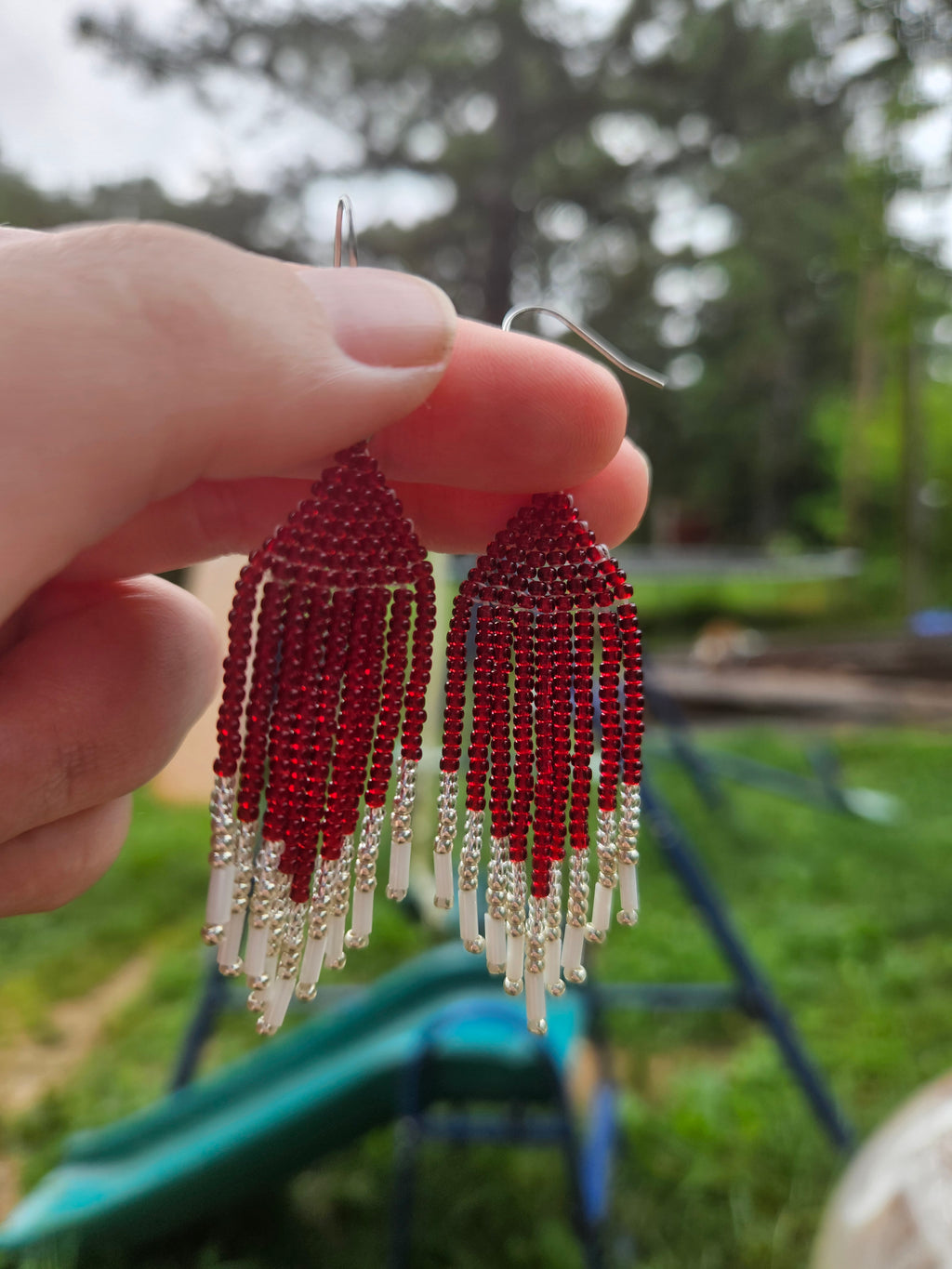 Red fringe earrings